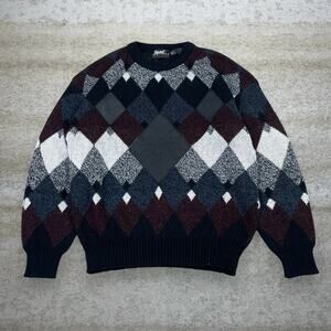 Vintage 90s Impact Sweater Mens L Red White Crewneck Genuine Leather Trim